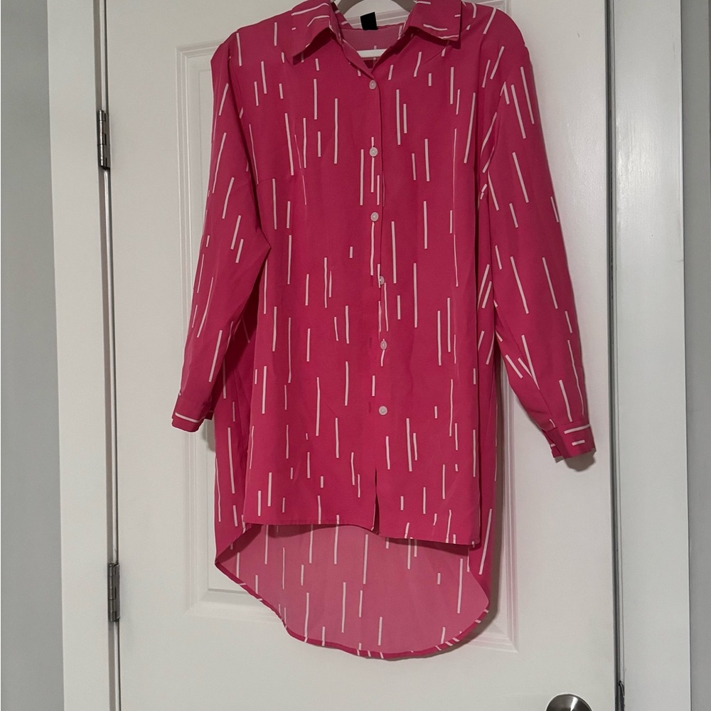 Pink Button-Up Shirt with White Stripes